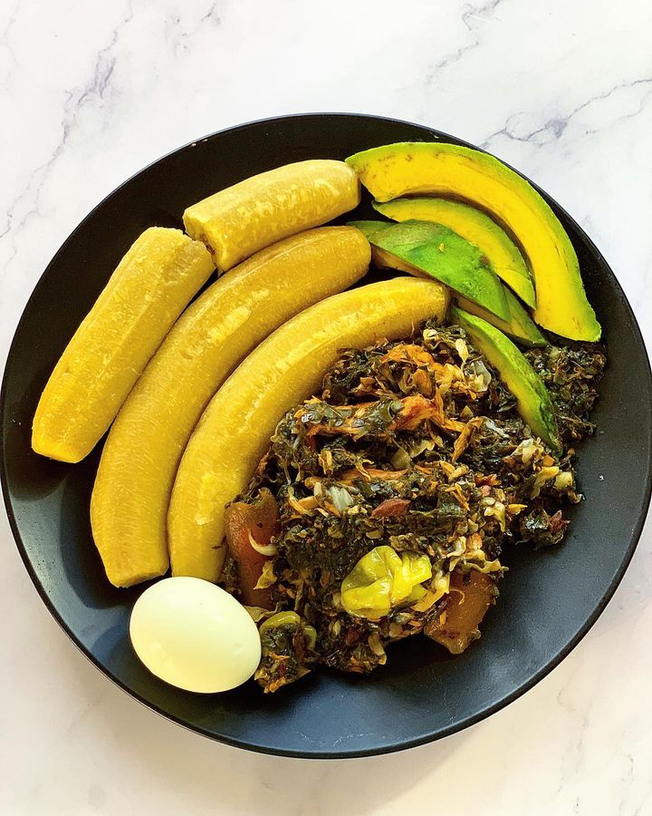 Boiled Plantain with Kontomire Stew